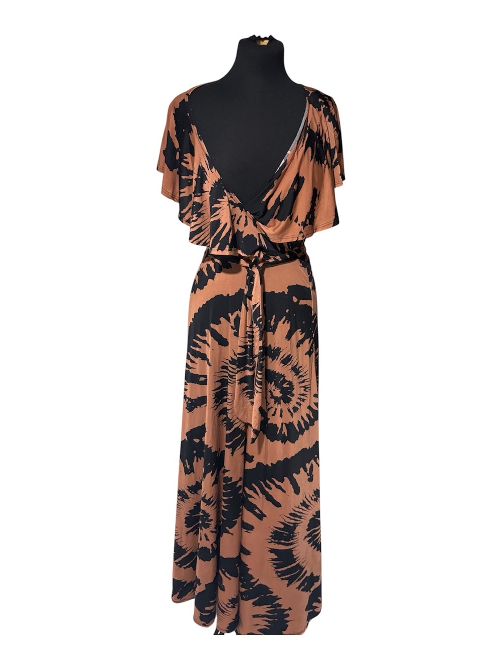 Tie-Detailed Brown & Black Maxi Dress